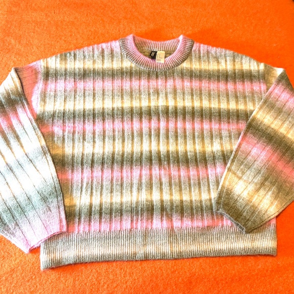 H&M khaki and pink gradient stripes touch of wool ribbed sweater NWOT - Picture 2 of 8
